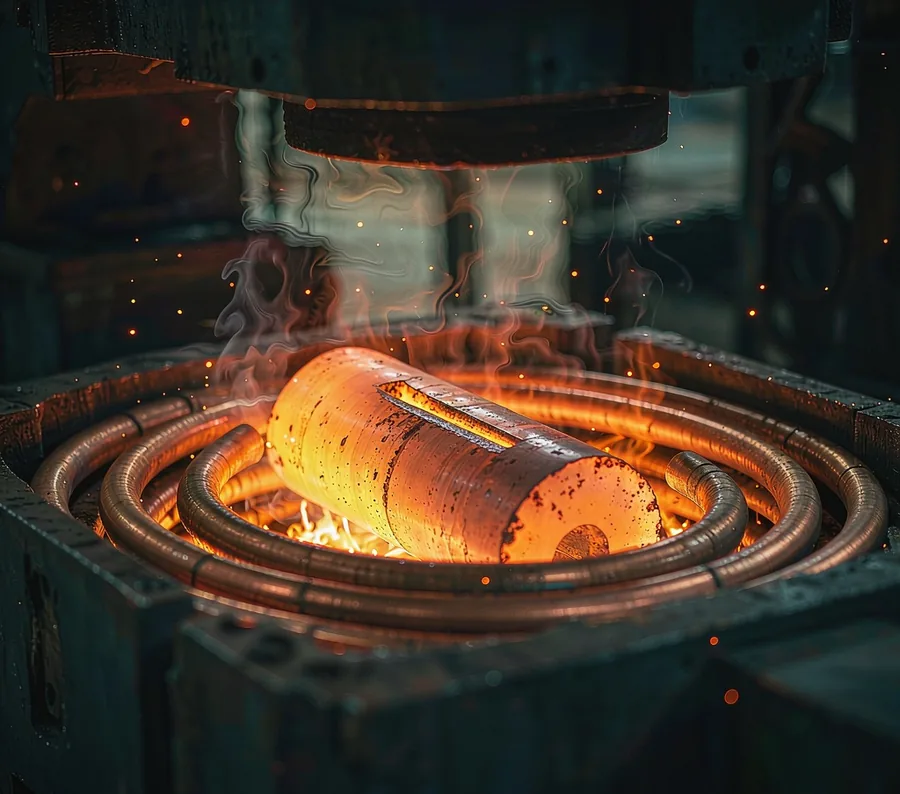 Induction coil heating glowing steel billet — induction heating equipment in operation